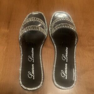 NEW‎ Lauren Lorraine Jane Black Rhinestone Embellished Slide Sandals Size 6.5